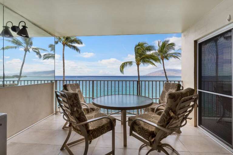 Palm-lined Patio With Sea Sight, Seating Set On Balcony Breezing Beachside Bliss
