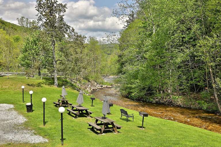 Enjoy our picnic area with a great view of the Ottauquechee River while you bbq with family and friends.