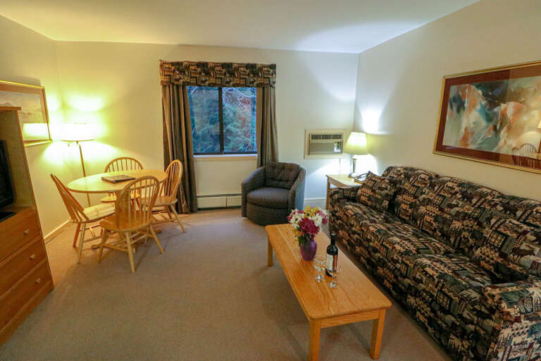 Relax with family and friends in the living room with a pull out sofa and dining area. Relax with family and friends in the living room with a pull out sofa and dining area.