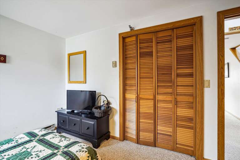 Interior View With Bed, TV, And Wooden Closet Interior View With Bed, TV, And Wooden Closet