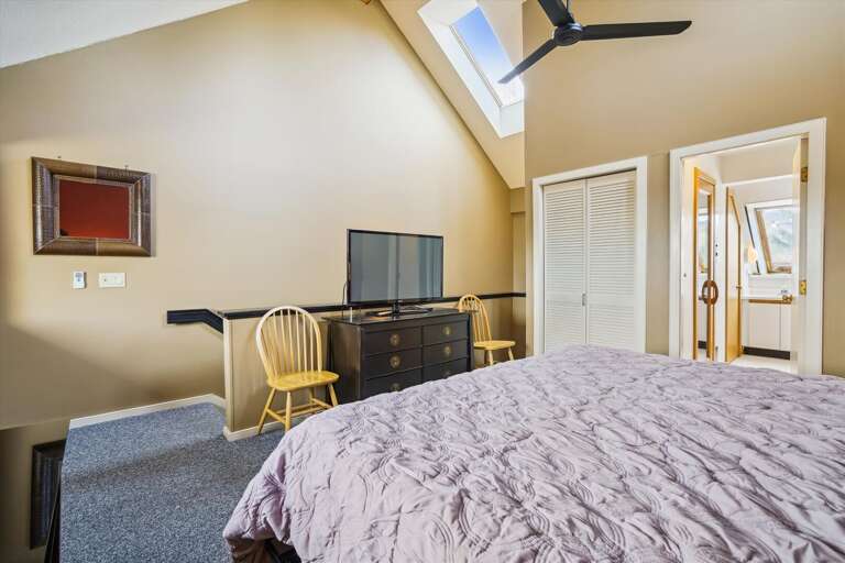 This loft has a king bed, and a full sized bathroom.