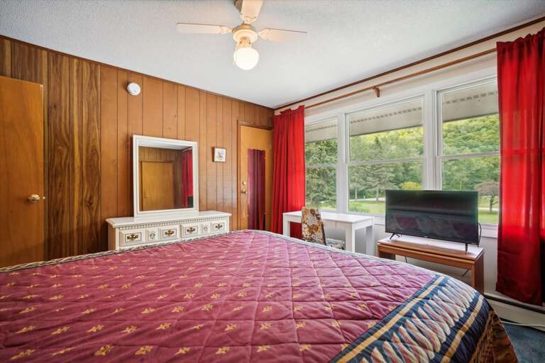 Queen sized bed and tv.