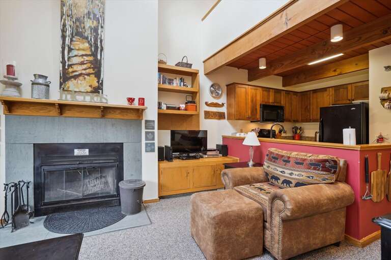 Warm up around the wood fireplace, great after a cold day.