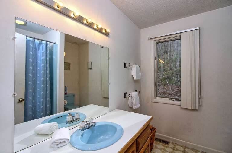 Evenly lit bathroom with a splash of color