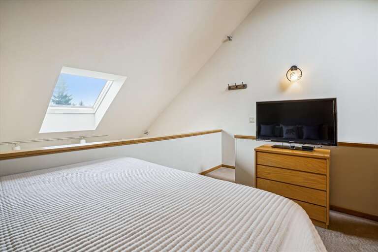 Loft bedroom with king bed and tv.  Attached bathoom