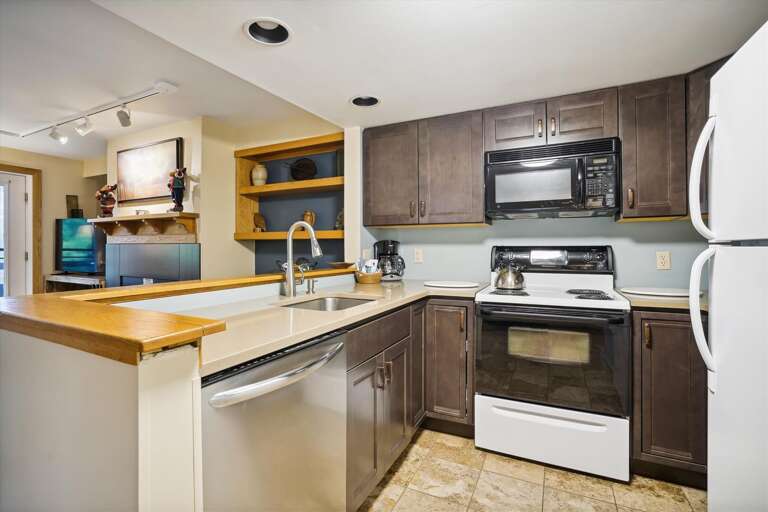 Updated kitchen, modest conveniences.  Take advantage of your home away from home to enjoy home cooked meals.
