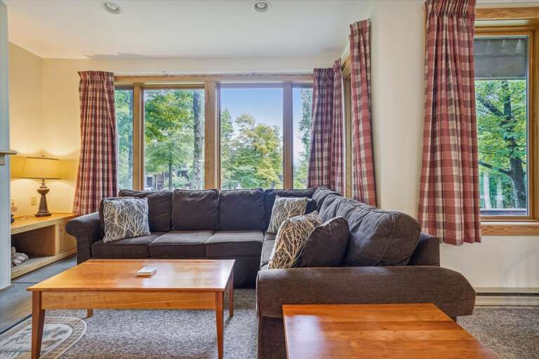 Enjoy the rich warm colors while lounging in comfort and taking advantage of the wood burning fireplace. Large windows filter in tons of natural light and frame the surrounding scenery. Enjoy the rich warm colors while lounging in comfort and taking advantage of the wood burning fireplace. Large windows filter in tons of natural light and frame the surrounding scenery.