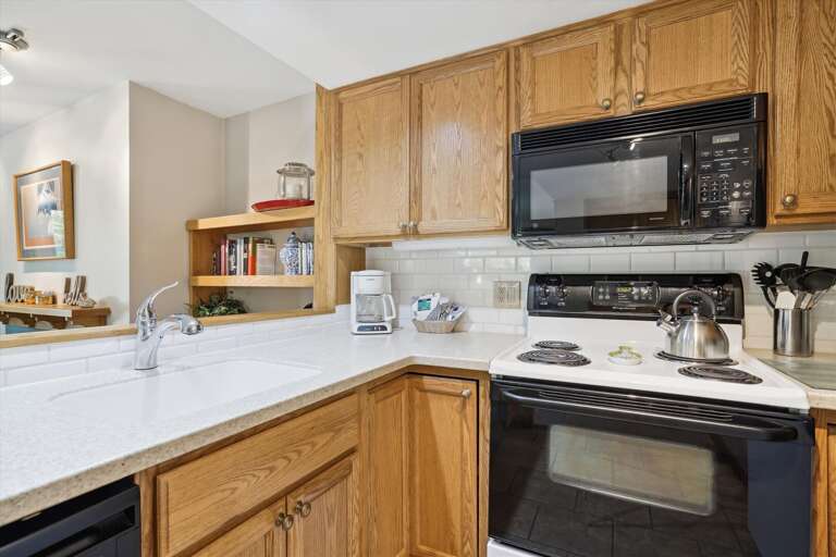 Modestly stocked kitchen. Modestly stocked kitchen.