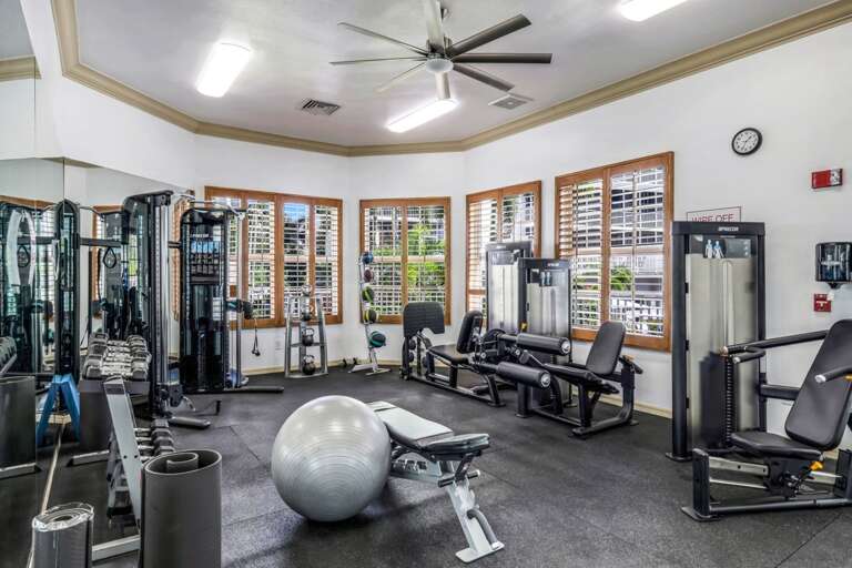 Fitness Facility Filled With Various Gym Equipment And Mirrored Walls In A Vacation Rental Setting