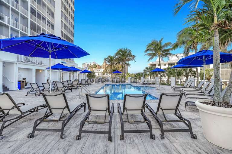 Poolside Paradise, Palm Trees, Blue Umbrellas