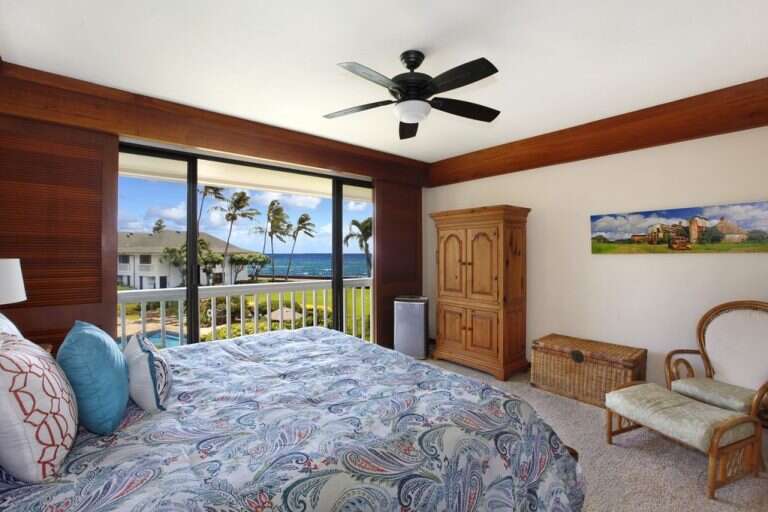 Bedroom Interior With Ocean View Through Sliding Glass Door