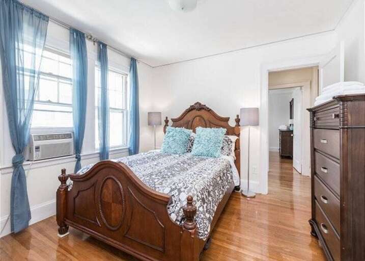 A guest room with beautiful lighting.  