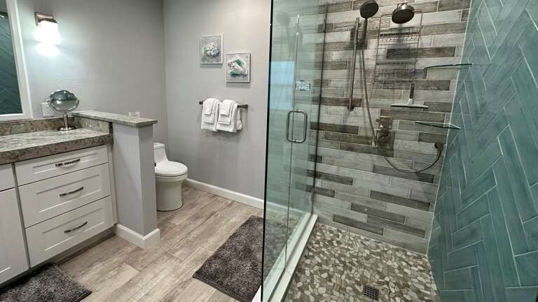 Large Vanity and Walk-In Shower