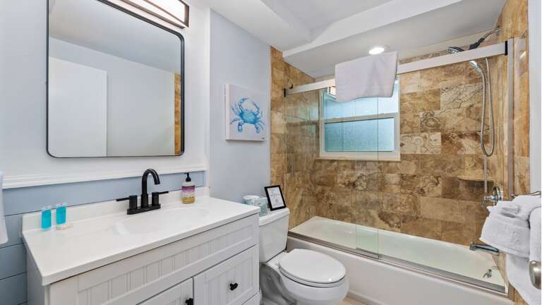 Second bath by living room and guest bedroom