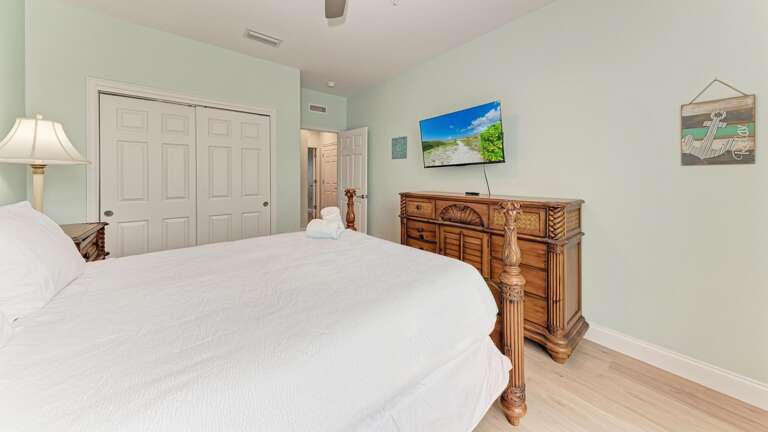 Queen Bed and Mounted TV