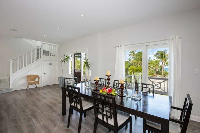 The large dining area accommodates at least eight and also hosts a built in wet bar.