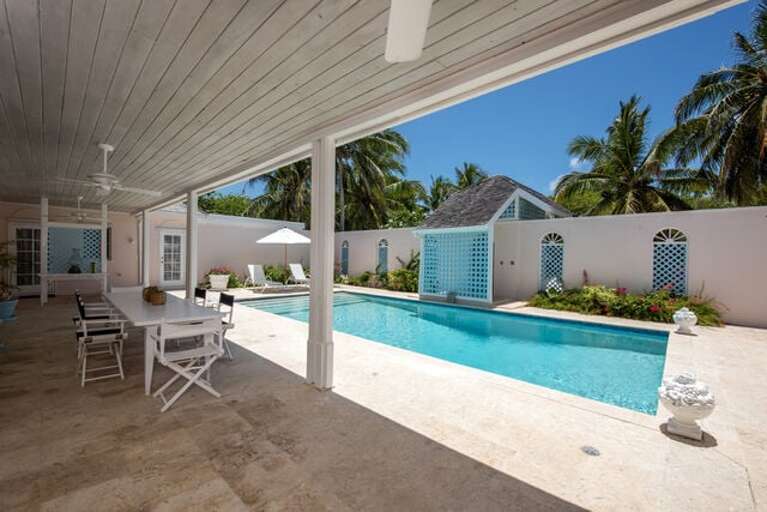 Covered seating area around pool.