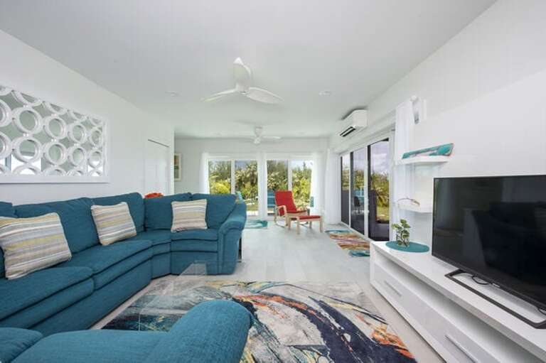 Lower level media room. Laz-E-Boy sectional with pull-out queen memory foam mattress