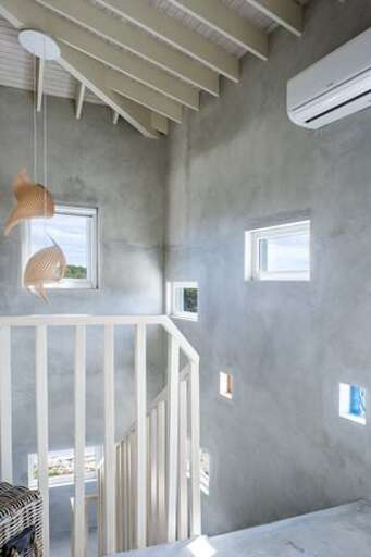 Stairwell with colored glass windows.