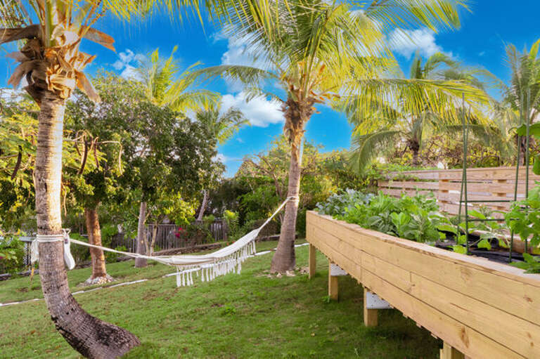 Enjoy the hammock next to our newly planted garden.