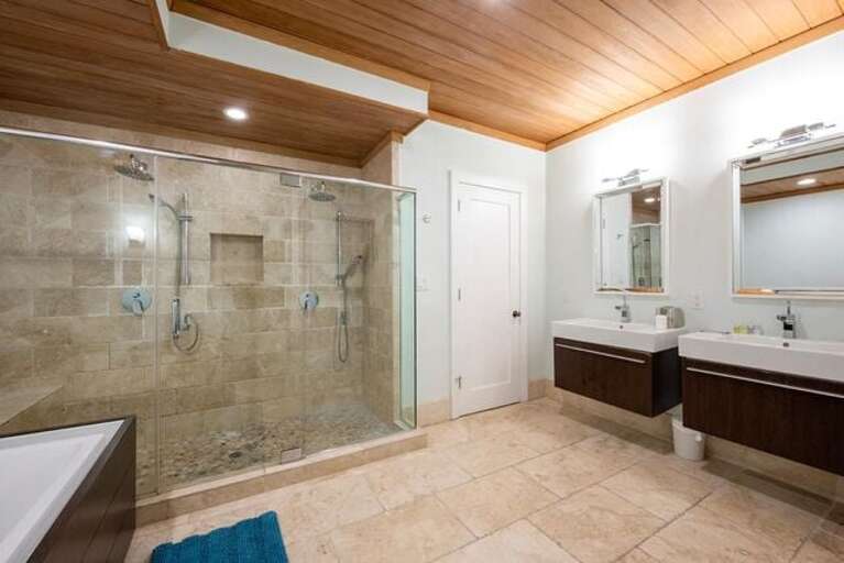 Bath with walk-in shower and tub.