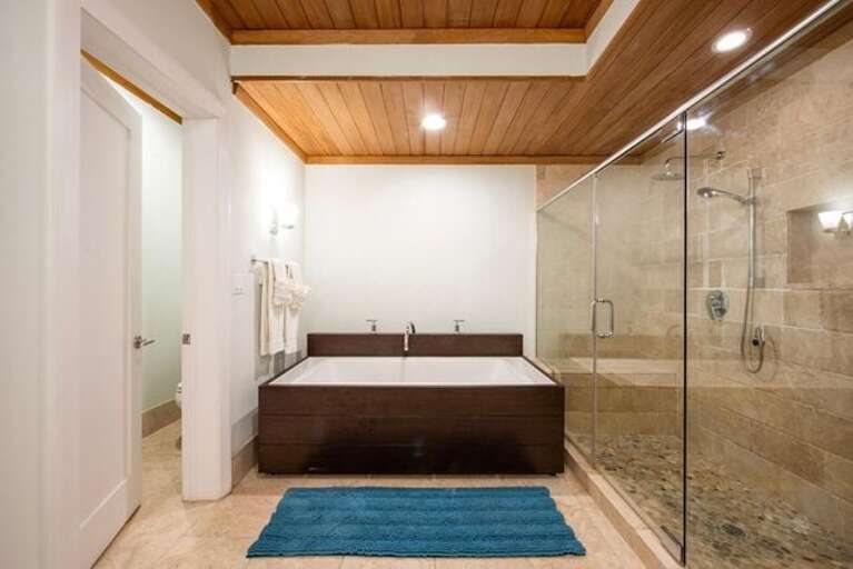 Bath with walk-in shower and tub.