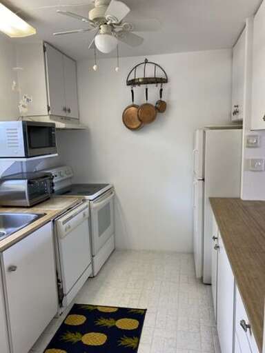 The kitchen is fully equipped including microwave and dishwasher.