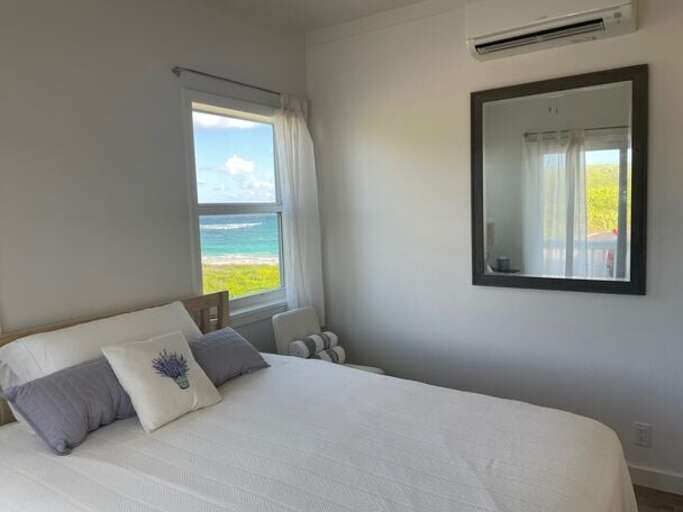 The guest bedroom has a queen bed and an ocean view.