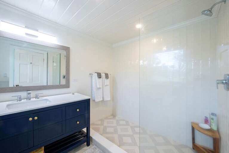 Lower level bath with walk-in shower.