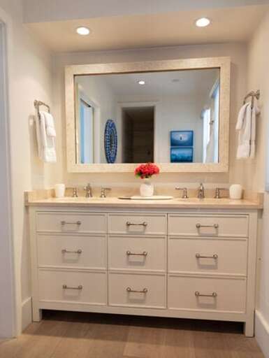 Master bathroom with double sink and shower.