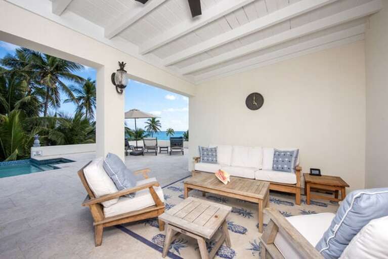 There are both covered areas on the patio for shade and open areas for sunning.