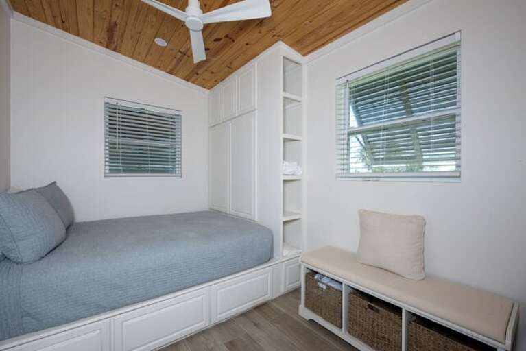 The Guest Cottage has a private bedroom with a queen bed and a full bath.  (Note that there is not a TV in this room.)