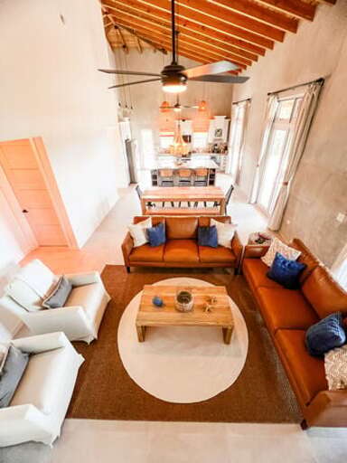 The great room with its 18-foot valued ceiling and ocean views.