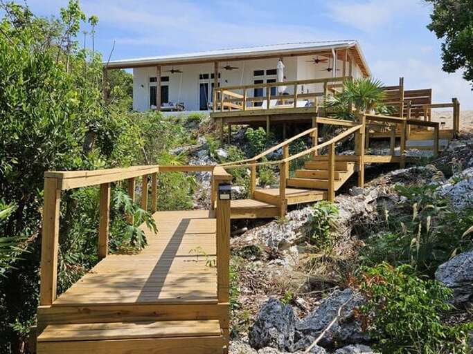 Paradise Cove has private steps right down to Annie Bight Cove, into the calmer waters of the Caribbean side.