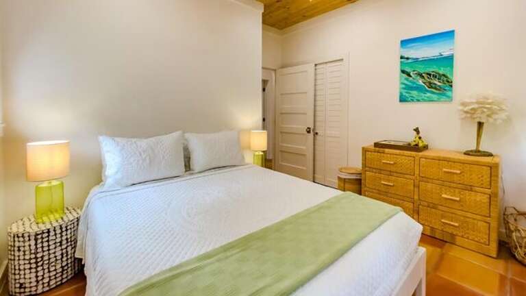 The guest bedroom is furnished with a queen bed and access to a full bath with walk-in shower across the hall.