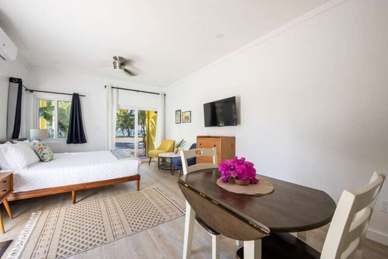 Spacious studio apartment living area.