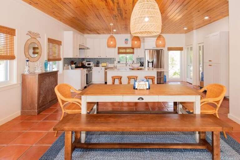 The dining area has seating for eight.