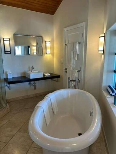 Bathroom with jetted tub and glass enclosed rain shower Bathroom with jetted tub and glass enclosed rain shower