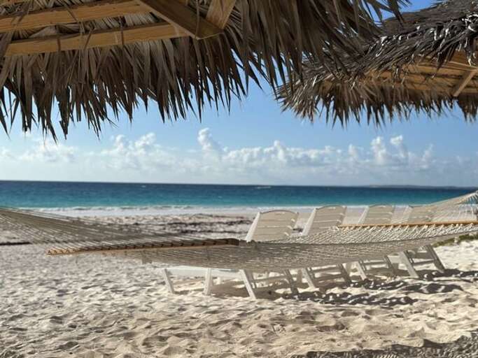 Thatched beach cabanas and sun beds.