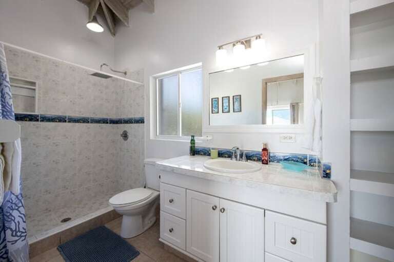 Bath with walk-in shower.