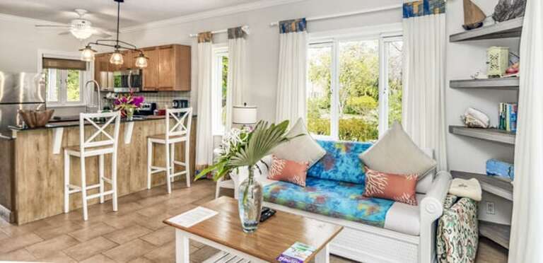 Living area and kitchen with bar seating.