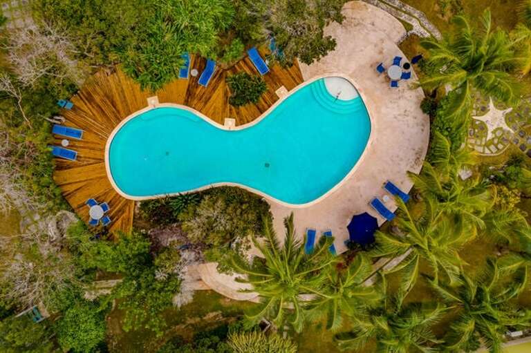 Tropical shared pool with deck and lounge chairs.