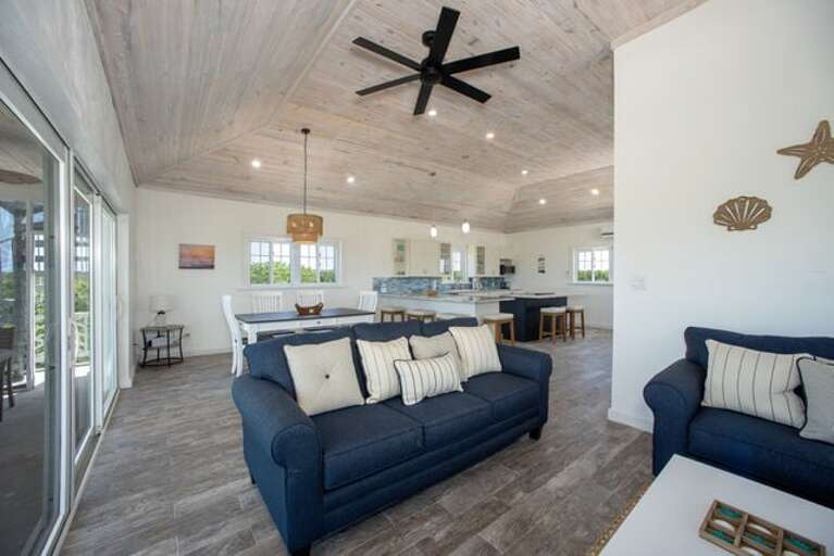 The bright and airy Great Room with its fifteen-foot vaulted ceiling.