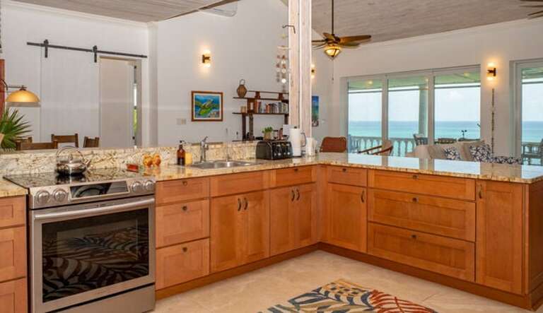 Appliances include a refrigerator/freezer, dishwasher, microwave, toaster, coffee pot, tea kettle and various culinary appliances.