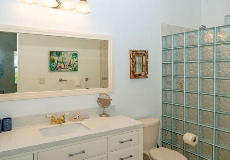 Bath with walk-in shower.
