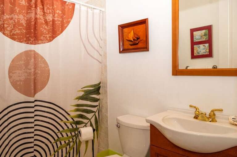 Bath with walk-in shower.