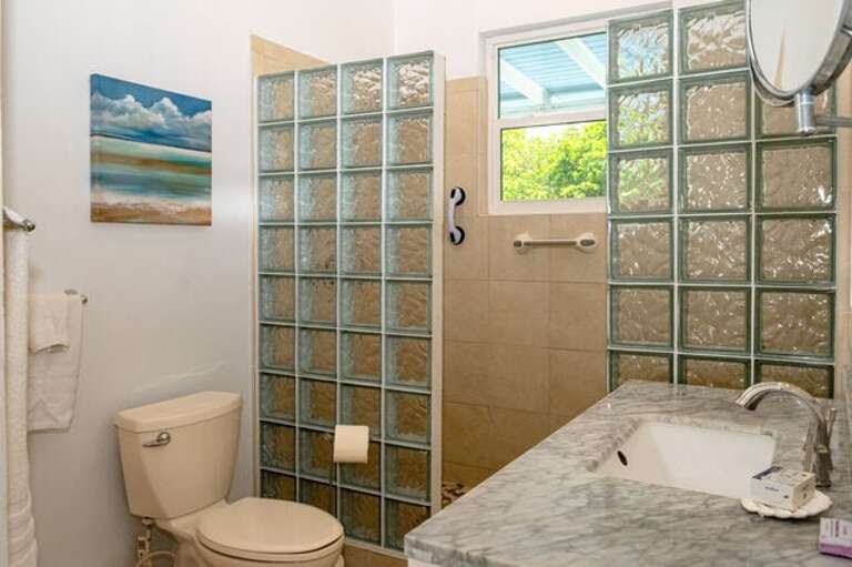 Bath with walk-in shower.