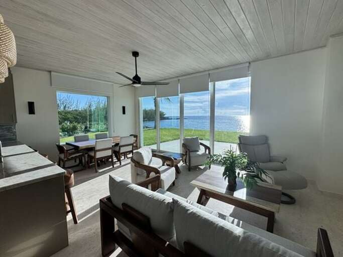 Sunset Dreams guest cottage:  Open-plan great room with spectacular ocean view.