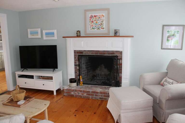 Living Room With Blue Walls, Brick Fireplace, And Television In Vacation Rental