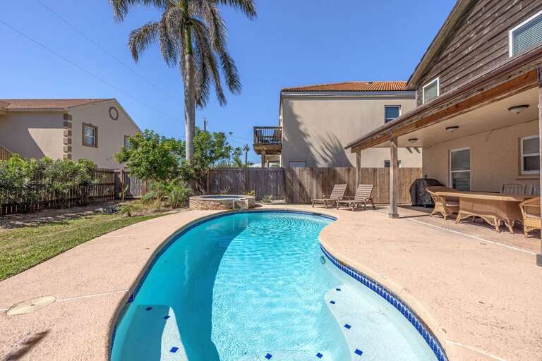 Our pool area has a hot tub!